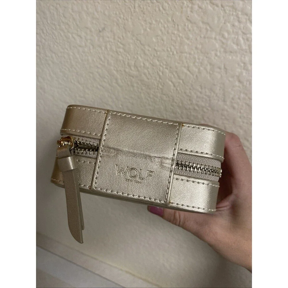 Wolf Travel Zip Jewelry Case Italy Champagne with Mirror 4.5x4.5